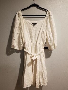 Eloquii Elements Eyelett Mini Dress White Puff Sleeves Tiered 100% Cotton 16